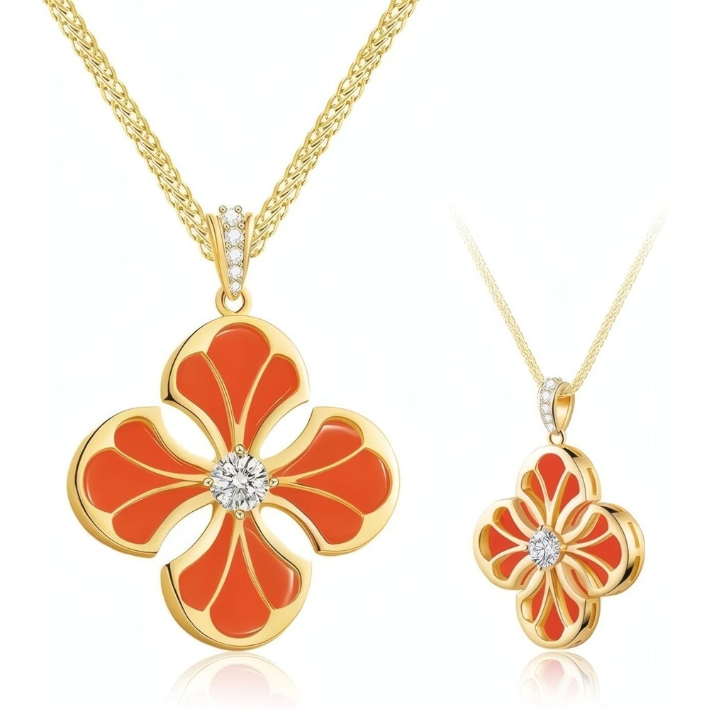 925 Sterling Silver Gold Plated Red Agate Clover CZ Pendant Necklace for Women